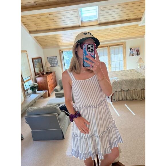 RAILS Blue White Scoop Neck Linen Blend Ruffled Tiers Sandy A-Line Dress Size S - Picture 10 of 10